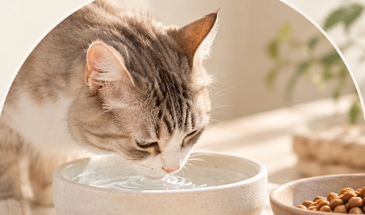 Cat drinking from a ceramic water bowl