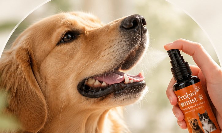 Owner spraying PROBIO mist into a golden retriever's mouth